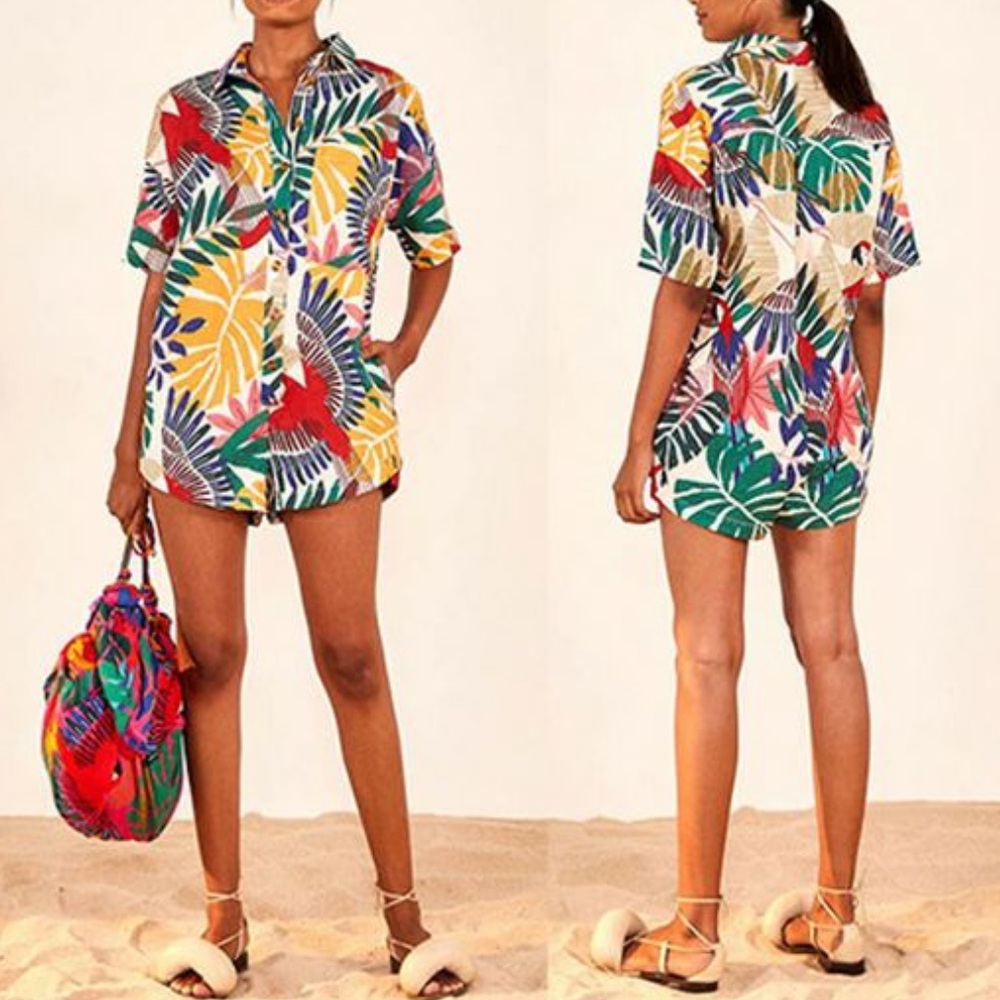 Farm Rio Off White Macaw Romper in Size Small